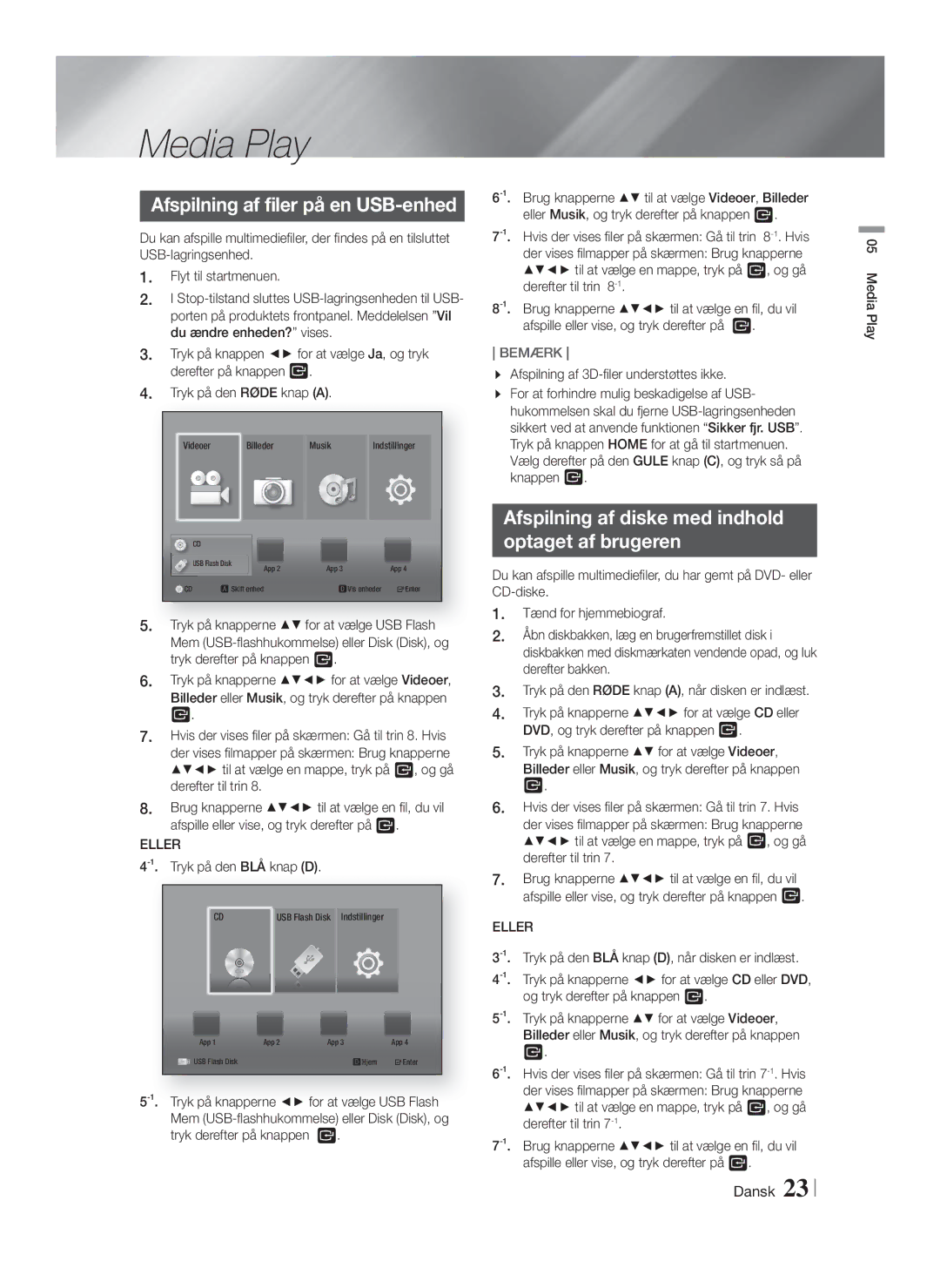 Samsung HT-F4200/XE Media Play, Afspilning af filer på en USB-enhed, Afspilning af diske med indhold Optaget af brugeren 