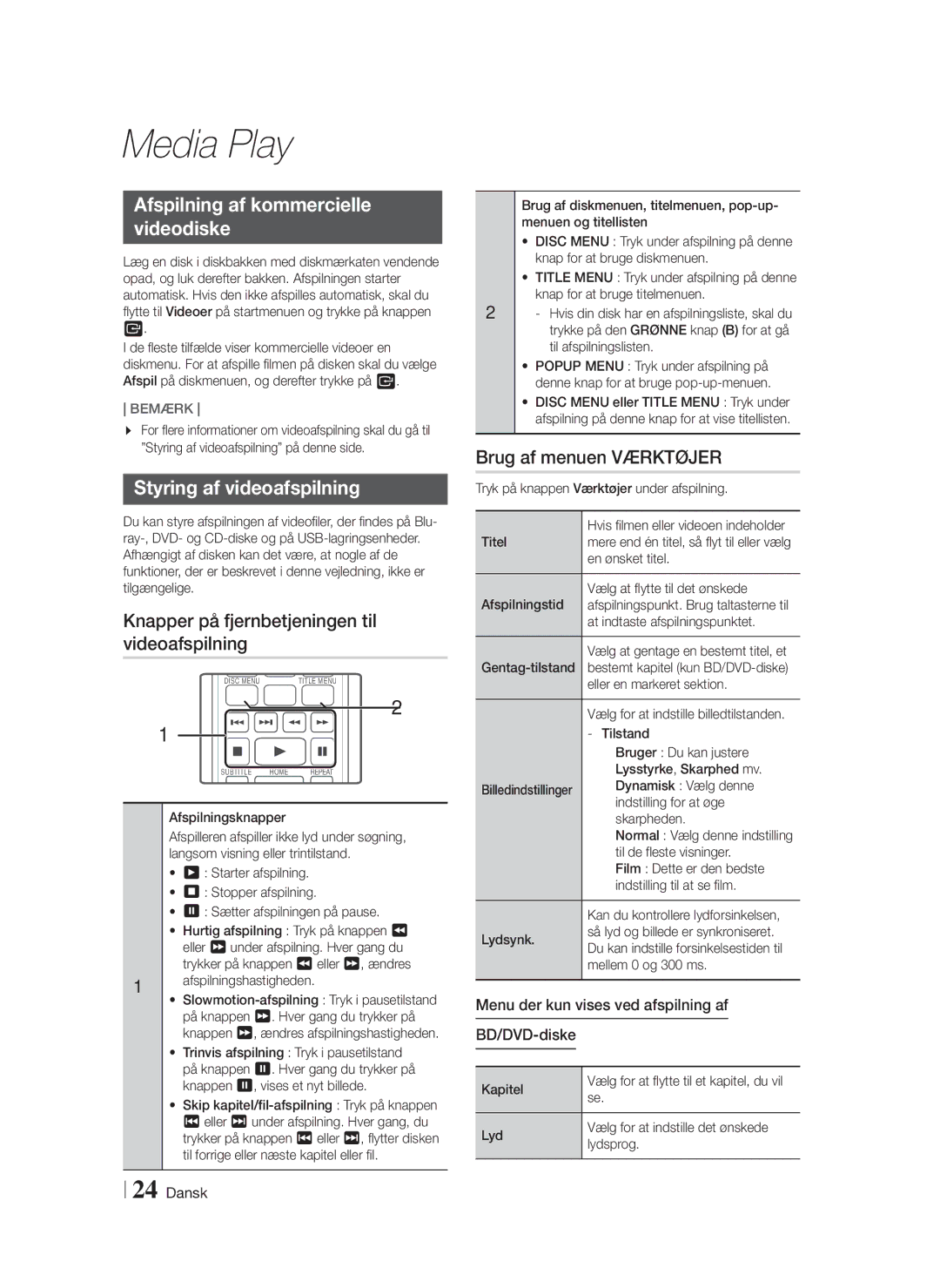 Samsung HT-F4200/XE manual Afspilning af kommercielle Videodiske, Styring af videoafspilning, Brug af menuen Værktøjer 