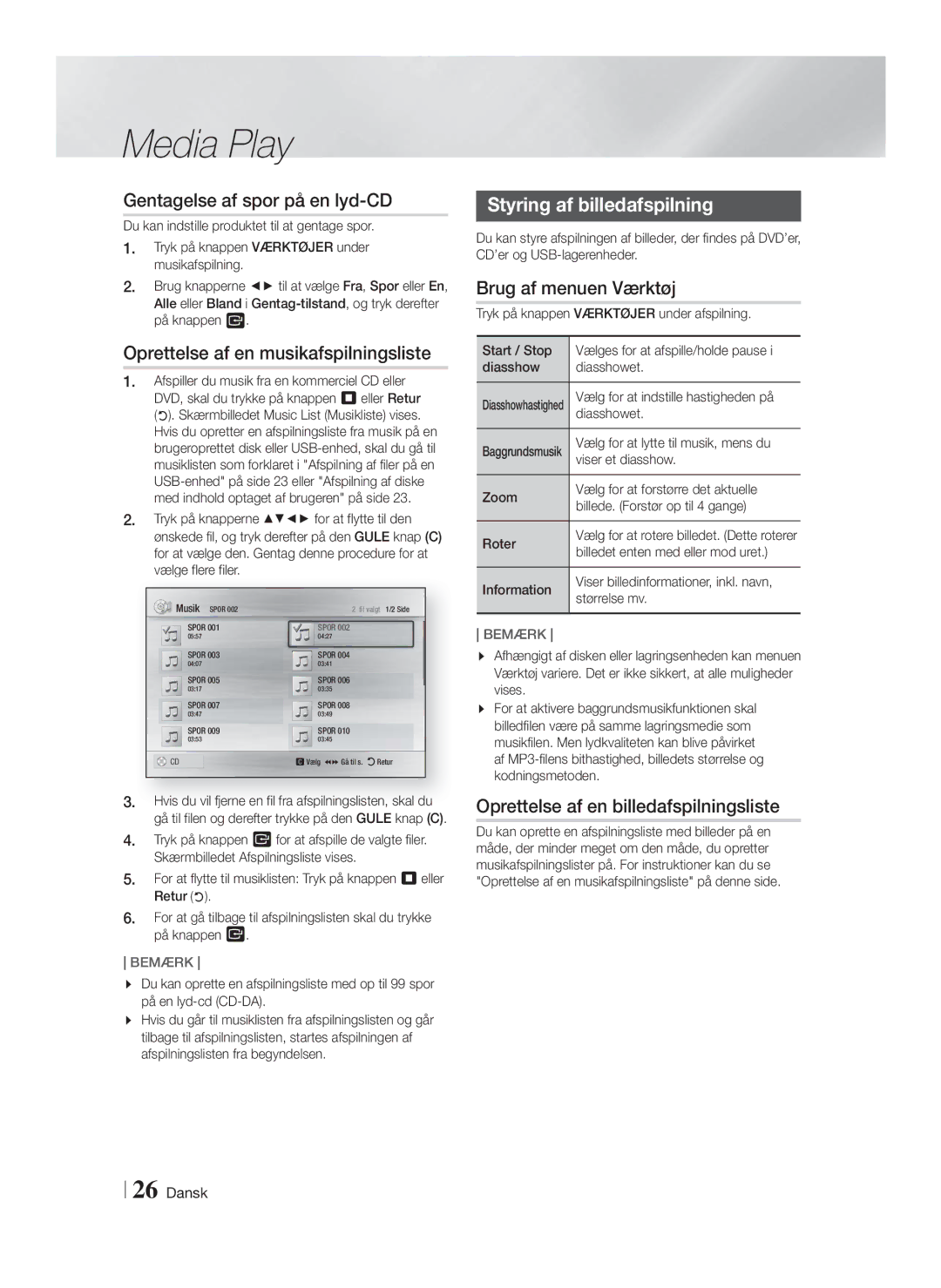 Samsung HT-F4200/XE Gentagelse af spor på en lyd-CD, Oprettelse af en musikafspilningsliste, Styring af billedafspilning 