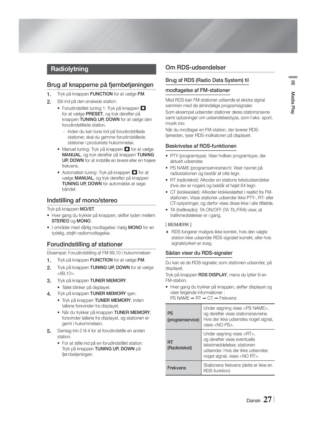 Samsung HT-F4200/XE Radiolytning, Brug af knapperne på fjernbetjeningen, Indstilling af mono/stereo, Om RDS-udsendelser 