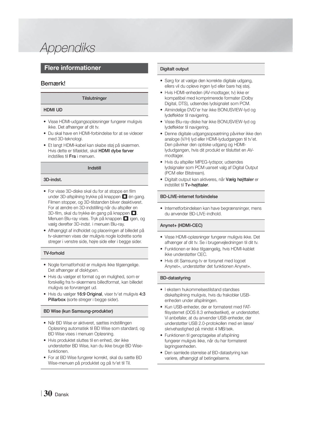 Samsung HT-F4200/XE manual Appendiks, Flere informationer, Bemærk, Hdmi UD, BD Wise kun Samsung-produkter 