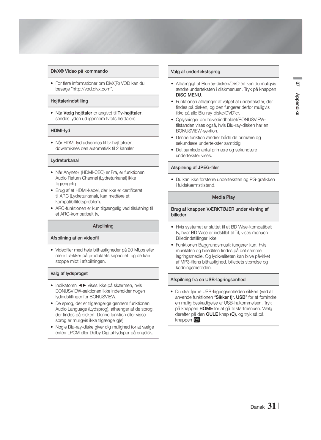 Samsung HT-F4200/XE manual HDMI-lyd, Valg af undertekstsprog, Disc Menu 