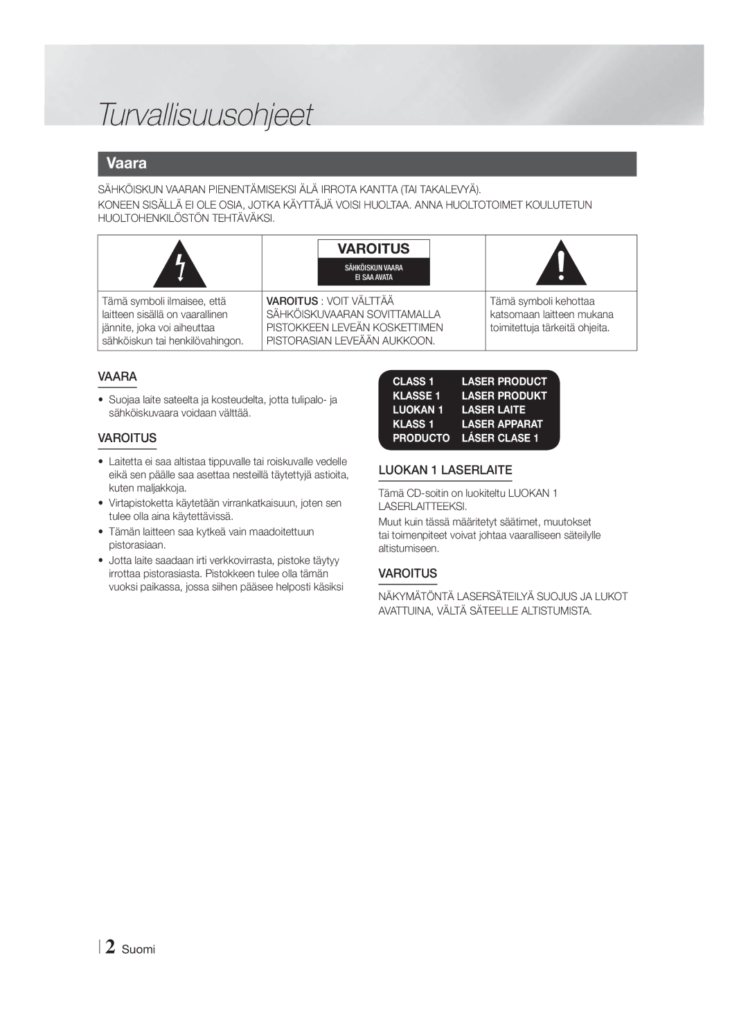 Samsung HT-F4200/XE manual Turvallisuusohjeet, Vaara 