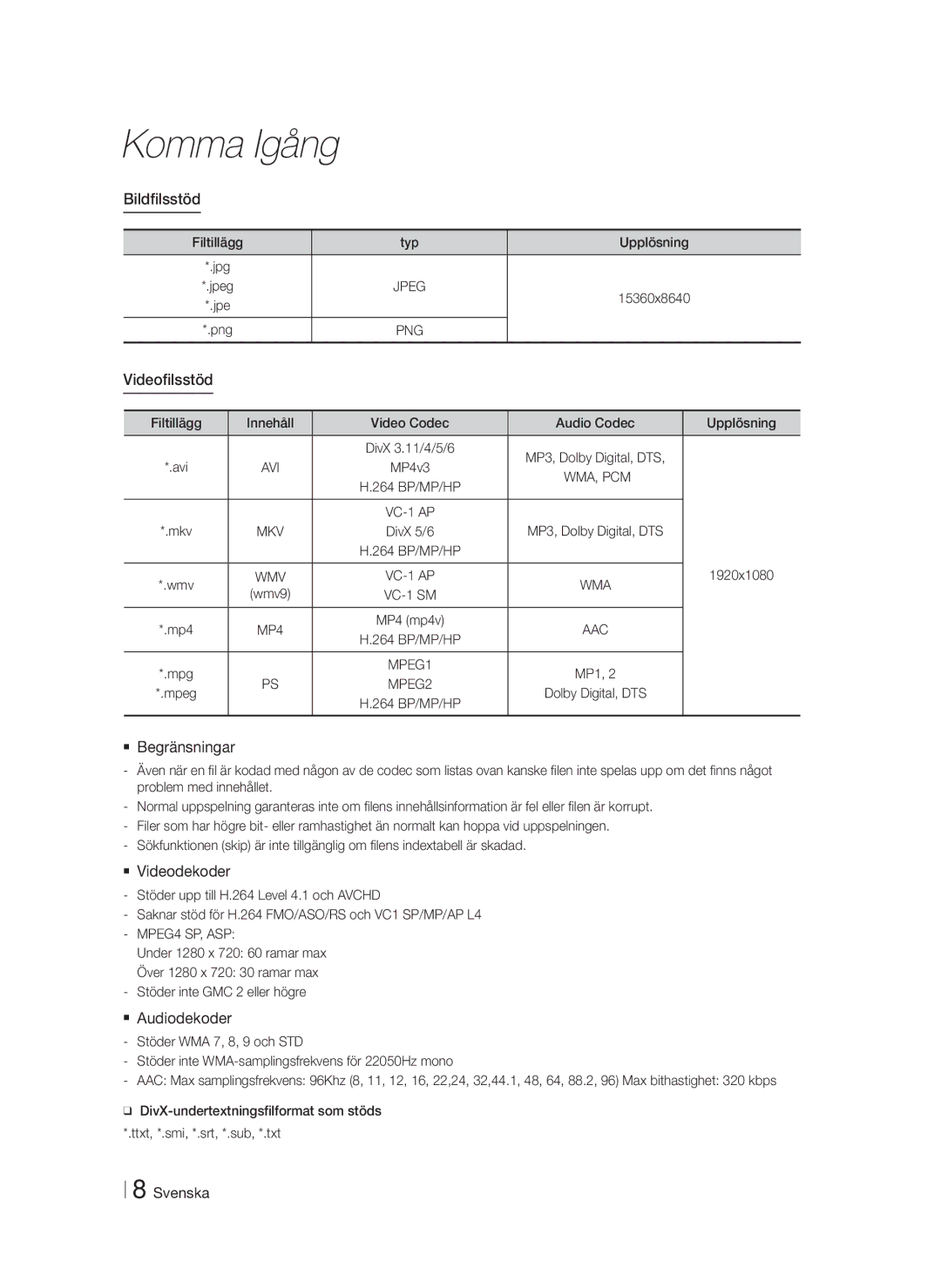 Samsung HT-F4200/XE manual Bildfilsstöd, Videofilsstöd,  Begränsningar,  Videodekoder,  Audiodekoder 