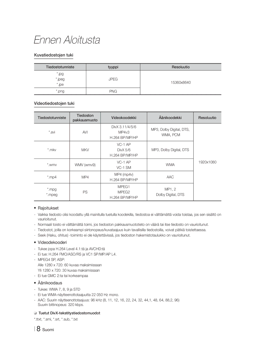 Samsung HT-F4200/XE manual Kuvatiedostojen tuki, Videotiedostojen tuki,  Rajoitukset,  Videodekooderi,  Äänikoodaus 