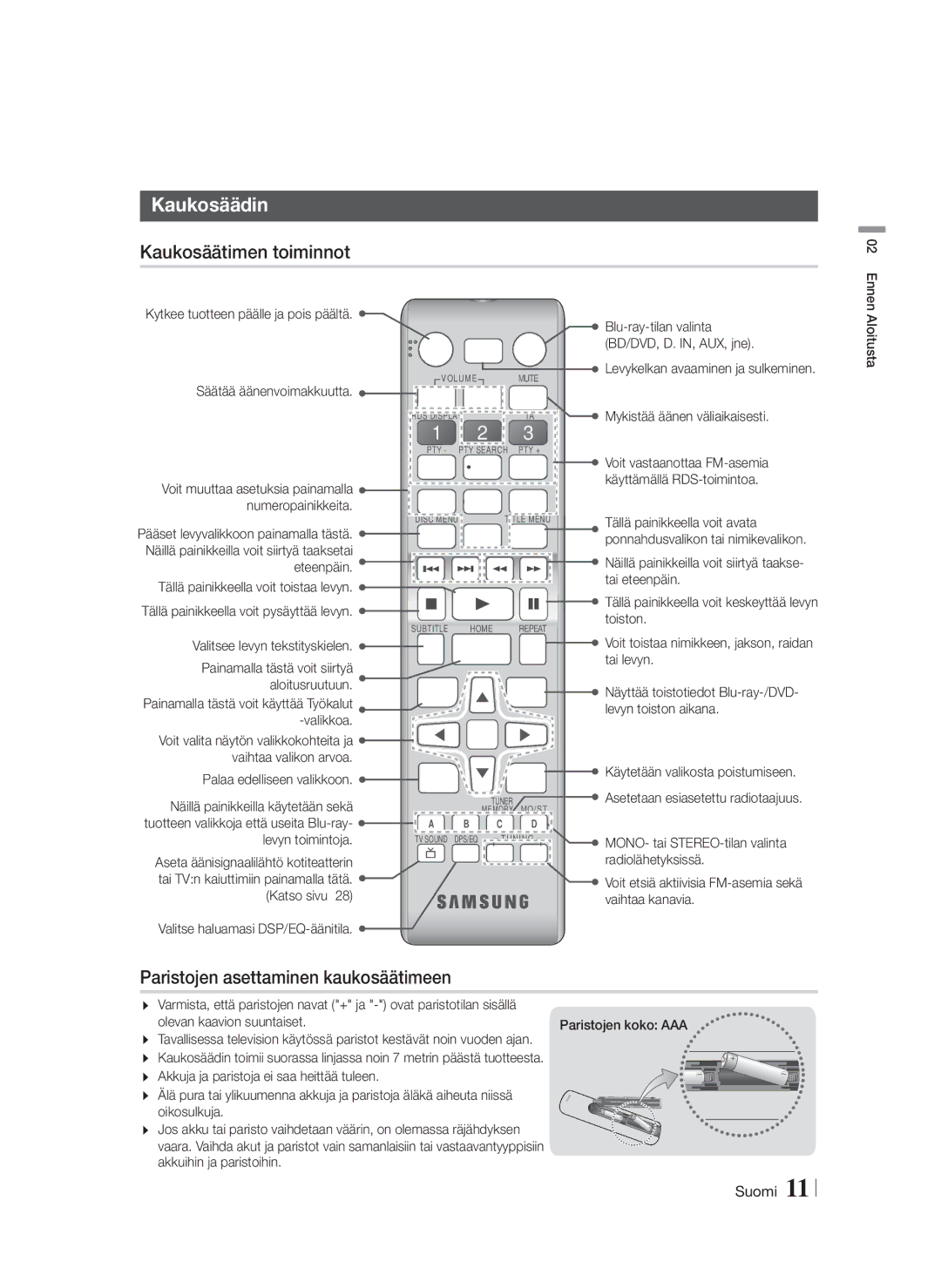 Samsung HT-F4200/XE manual Kaukosäädin, Kaukosäätimen toiminnot, Paristojen asettaminen kaukosäätimeen 