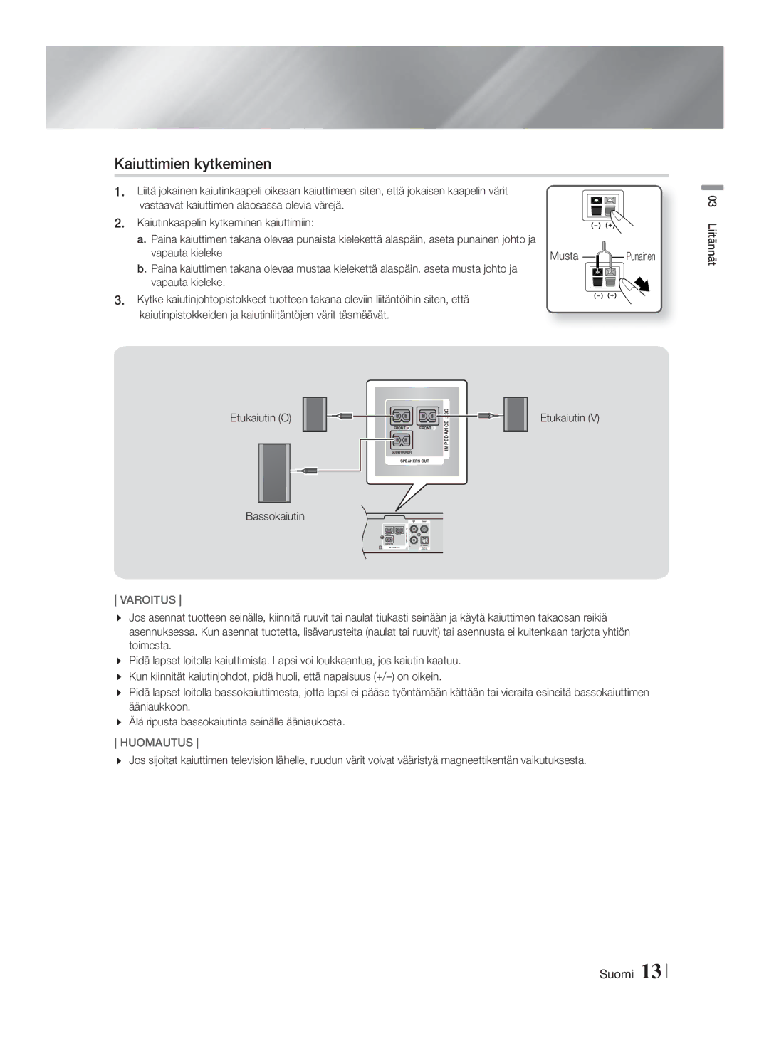 Samsung HT-F4200/XE manual Kaiuttimien kytkeminen, Vapauta kieleke, Etukaiutin Bassokaiutin, Varoitus 