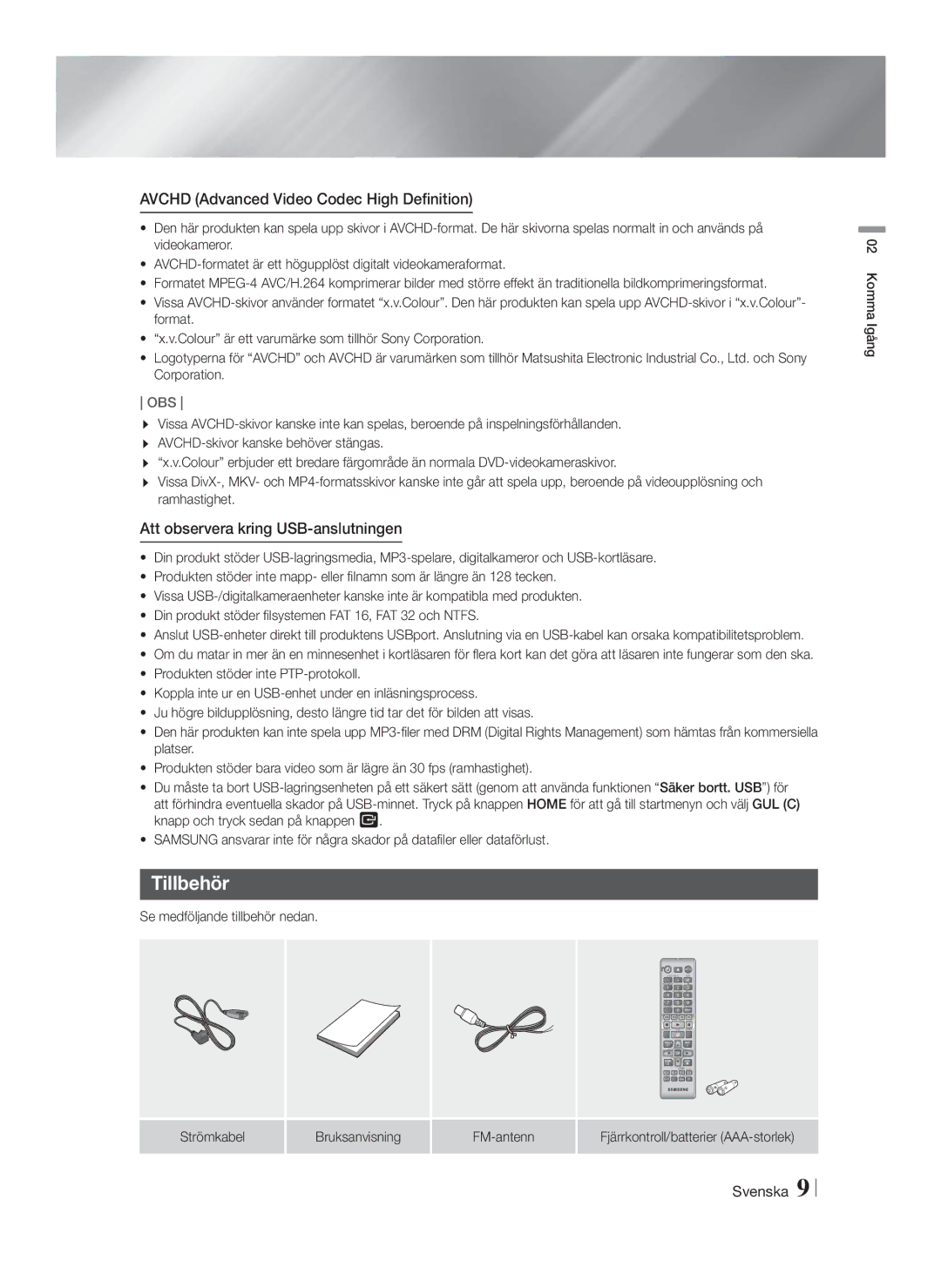 Samsung HT-F4200/XE manual Tillbehör, Avchd Advanced Video Codec High Definition, Att observera kring USB-anslutningen 