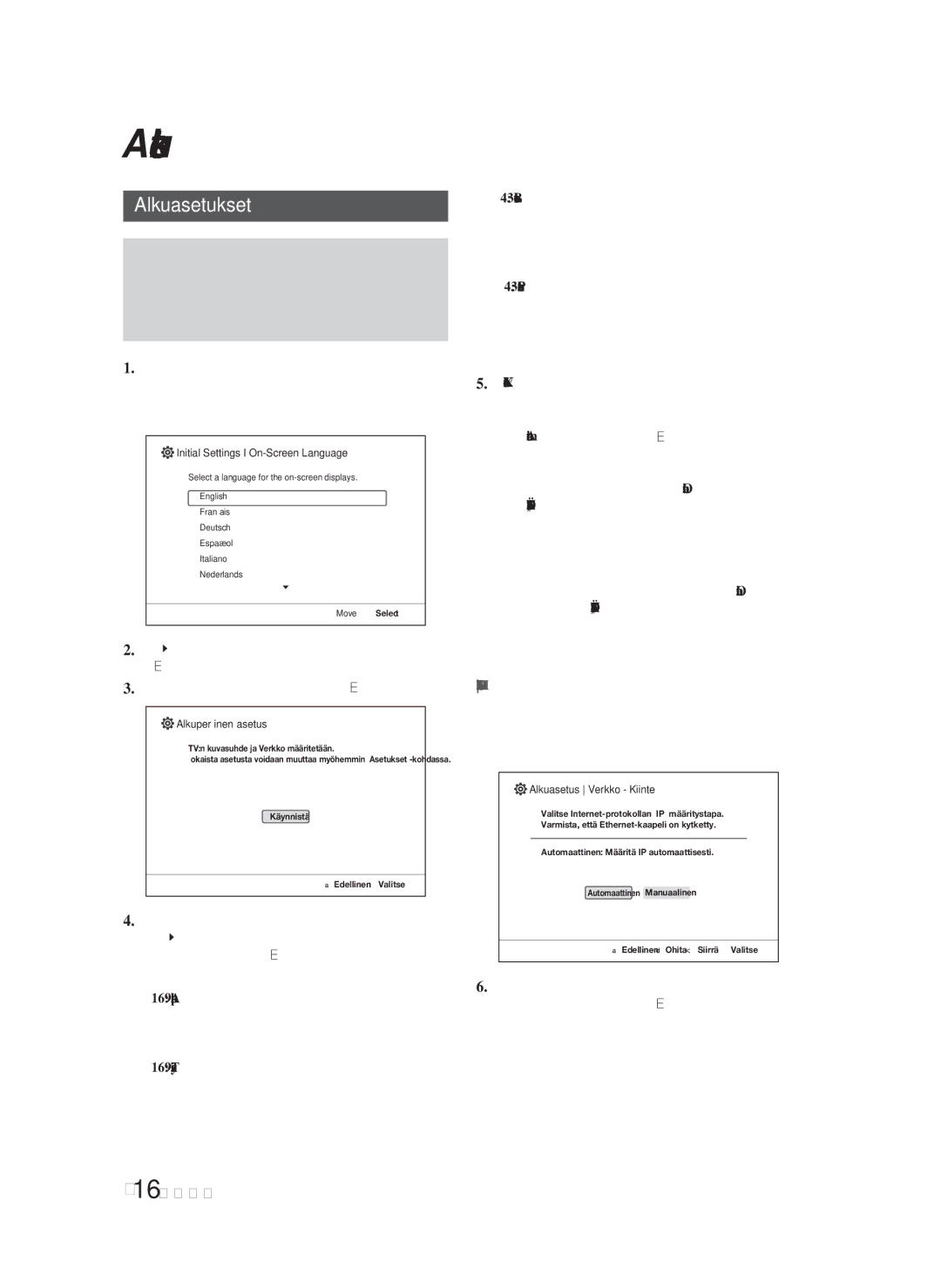 Samsung HT-F4200/XE manual Asetukset, Alkuasetukset, Päävalikkoa ei näytetä, ellet määritä alkuasetuksia 