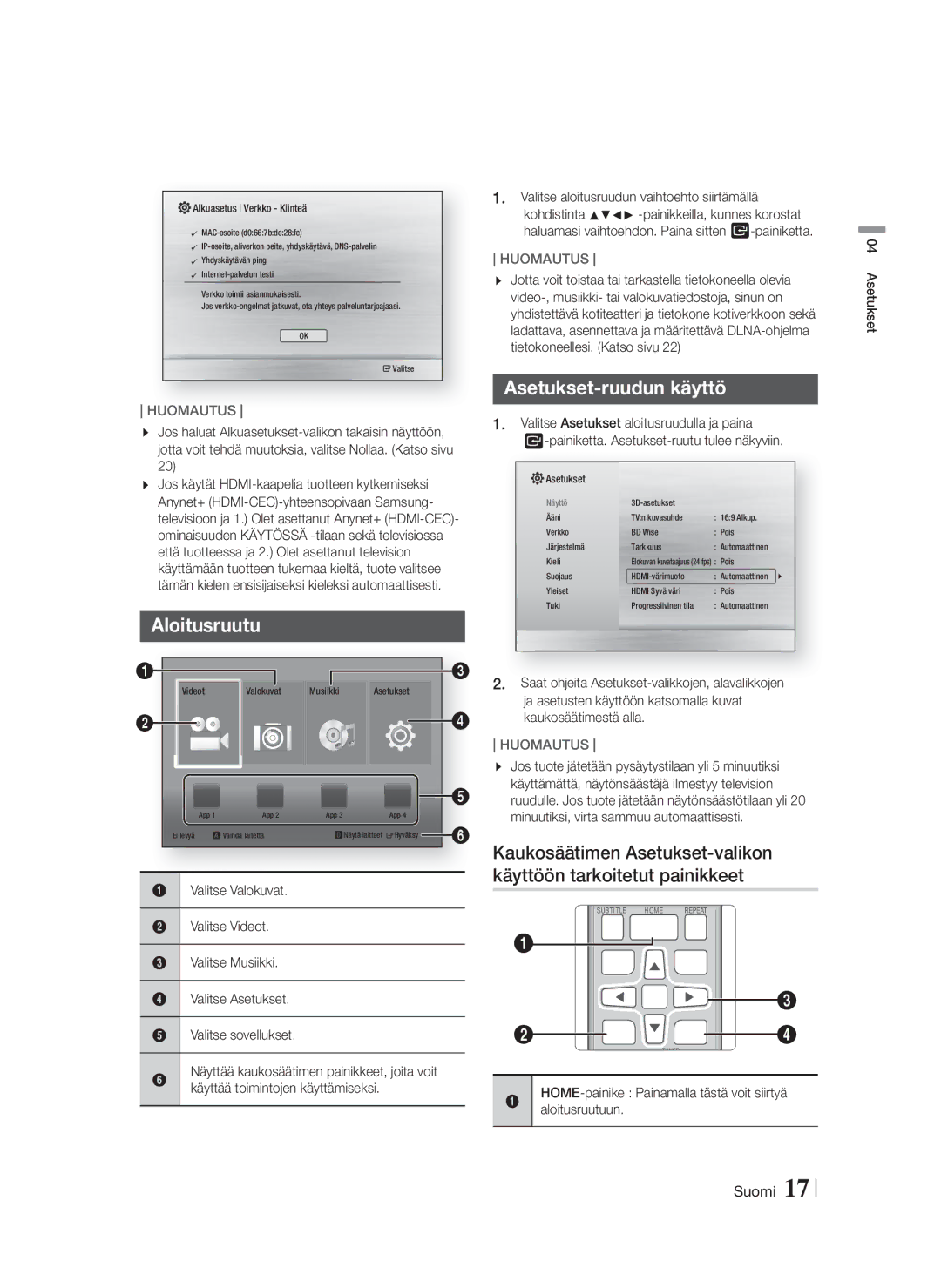 Samsung HT-F4200/XE manual Asetukset-ruudun käyttö, Aloitusruutu 