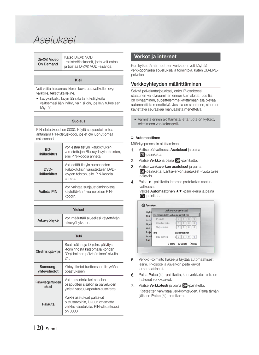 Samsung HT-F4200/XE manual Verkot ja internet, Verkkoyhteyden määrittäminen 