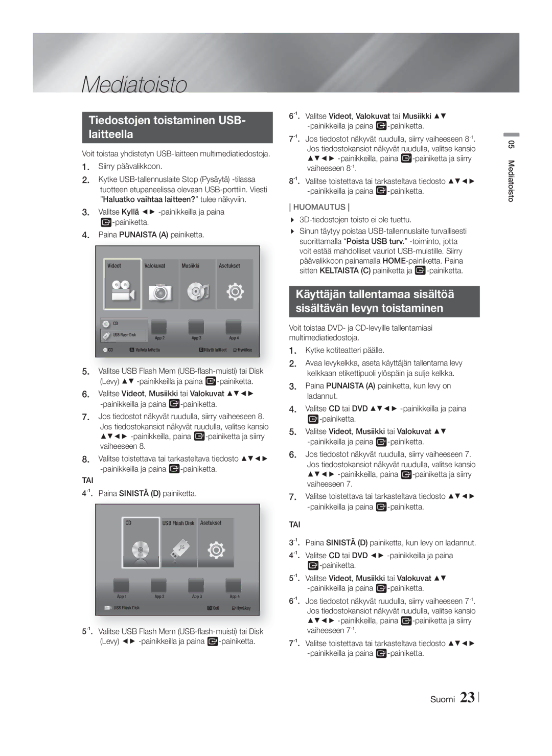 Samsung HT-F4200/XE manual Mediatoisto, Tiedostojen toistaminen USB Laitteella, Tai 