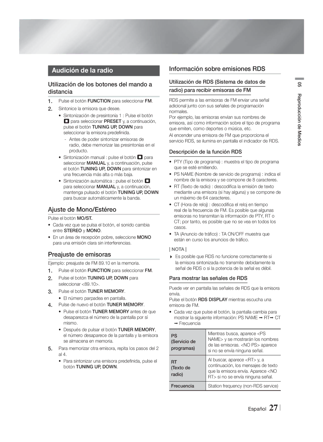 Samsung HT-F4200/ZF Audición de la radio, Ajuste de Mono/Estéreo, Preajuste de emisoras, Información sobre emisiones RDS 