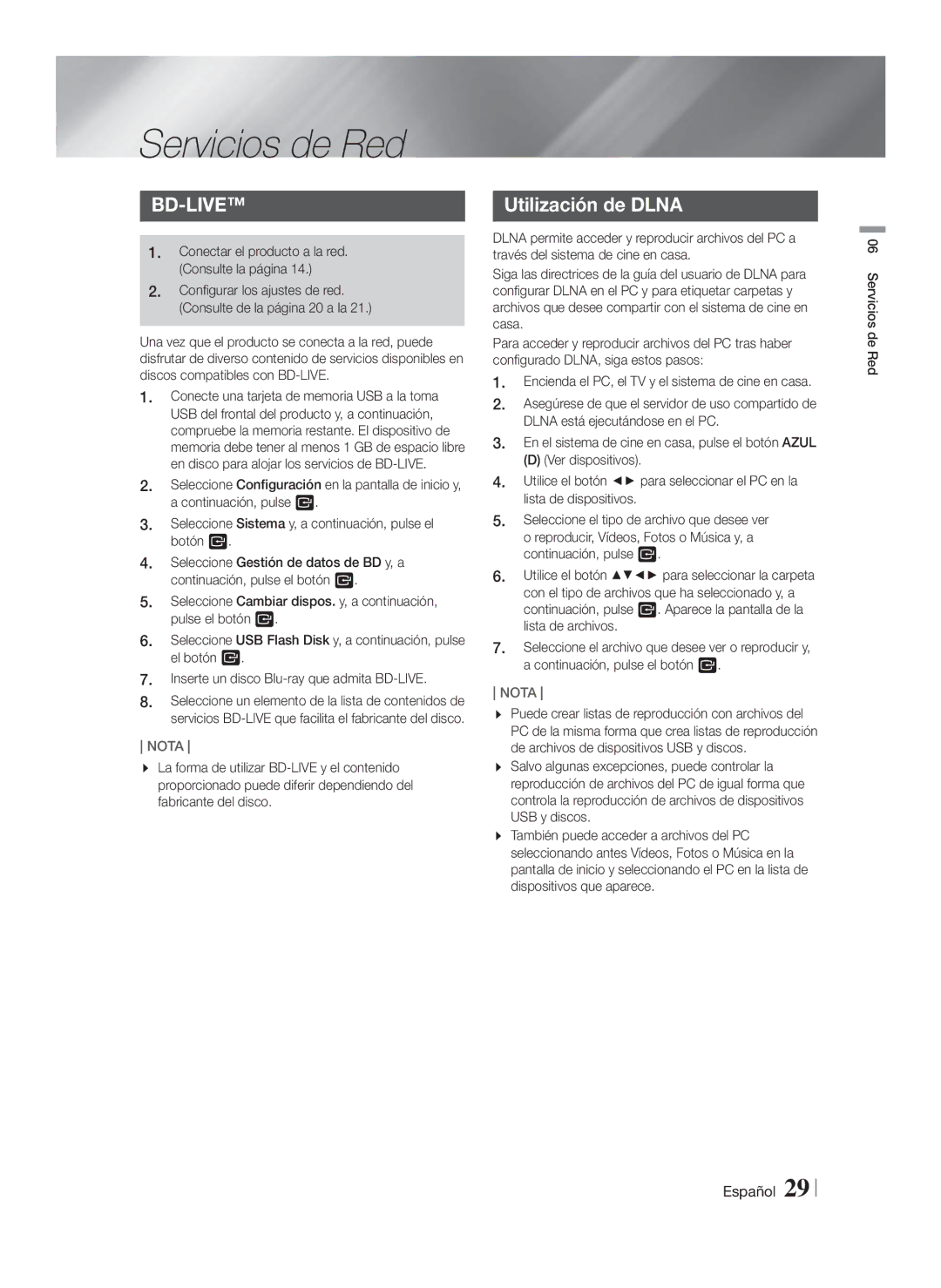 Samsung HT-F4200/ZF manual Servicios de Red, Utilización de Dlna, Conectar el producto a la red. Consulte la página 