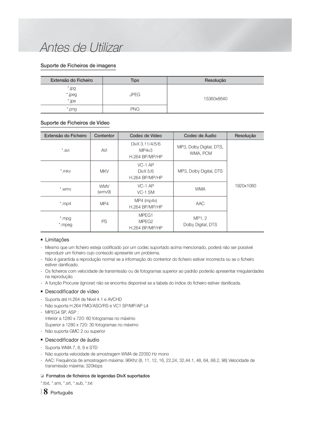 Samsung HT-F4200/ZF manual Suporte de Ficheiros de imagens, Suporte de Ficheiros de Vídeo,  Limitações 