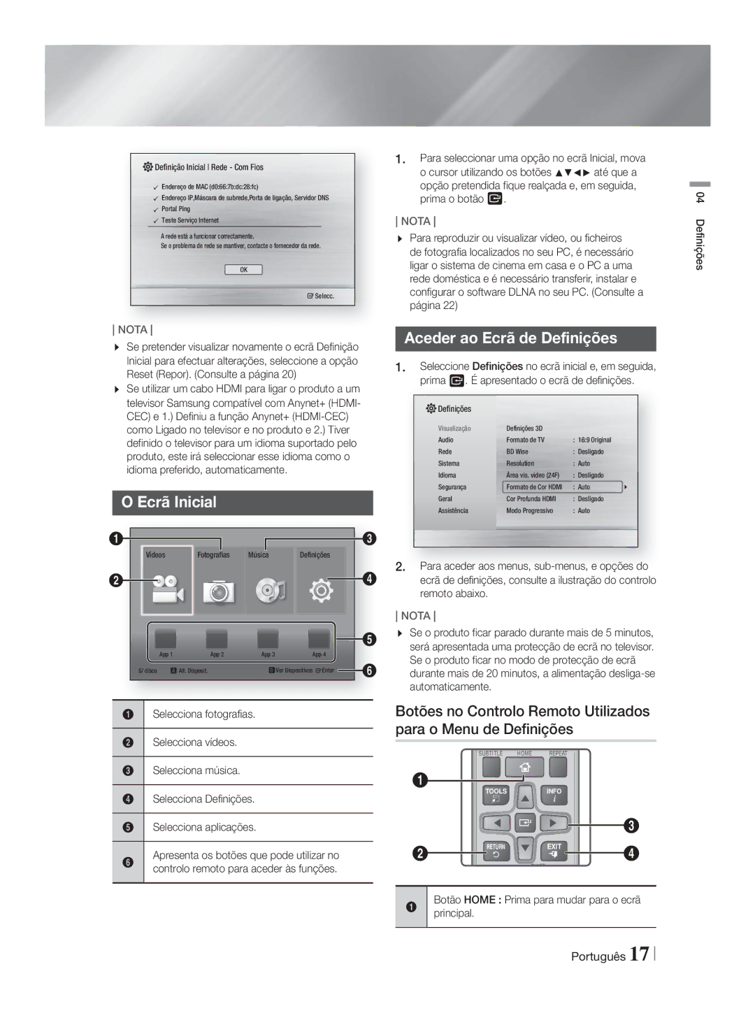 Samsung HT-F4200/ZF manual Ecrã Inicial, Aceder ao Ecrã de Definições, Botão Home Prima para mudar para o ecrã principal 