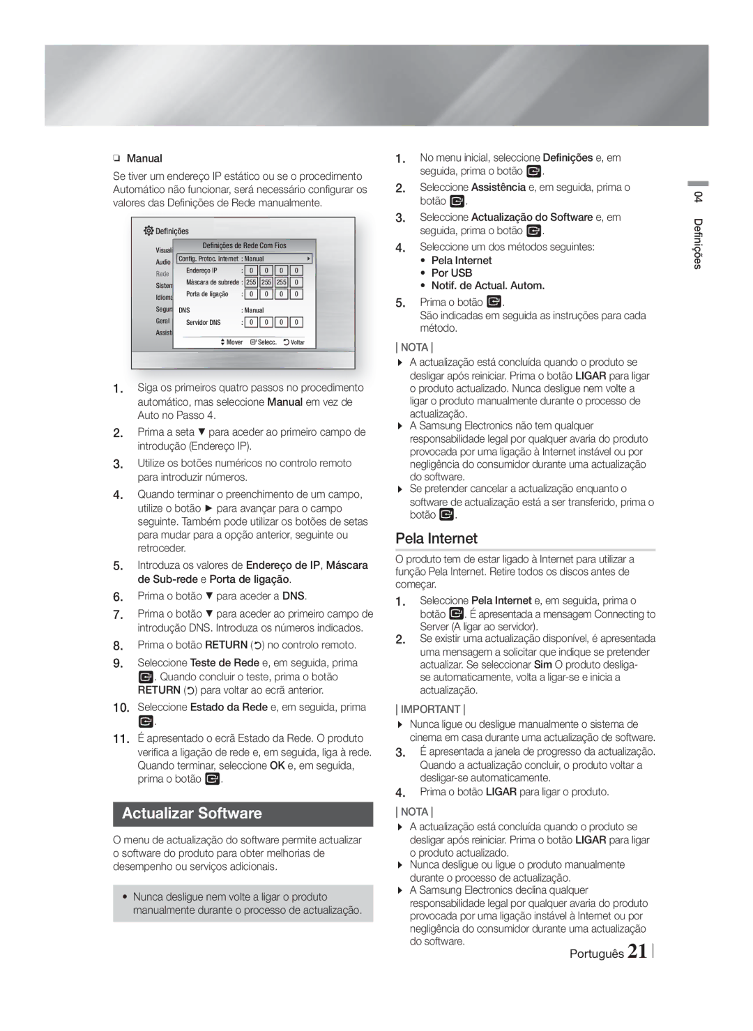 Samsung HT-F4200/ZF manual Actualizar Software, Pela Internet, Manual, Prima o botão Return no controlo remoto 