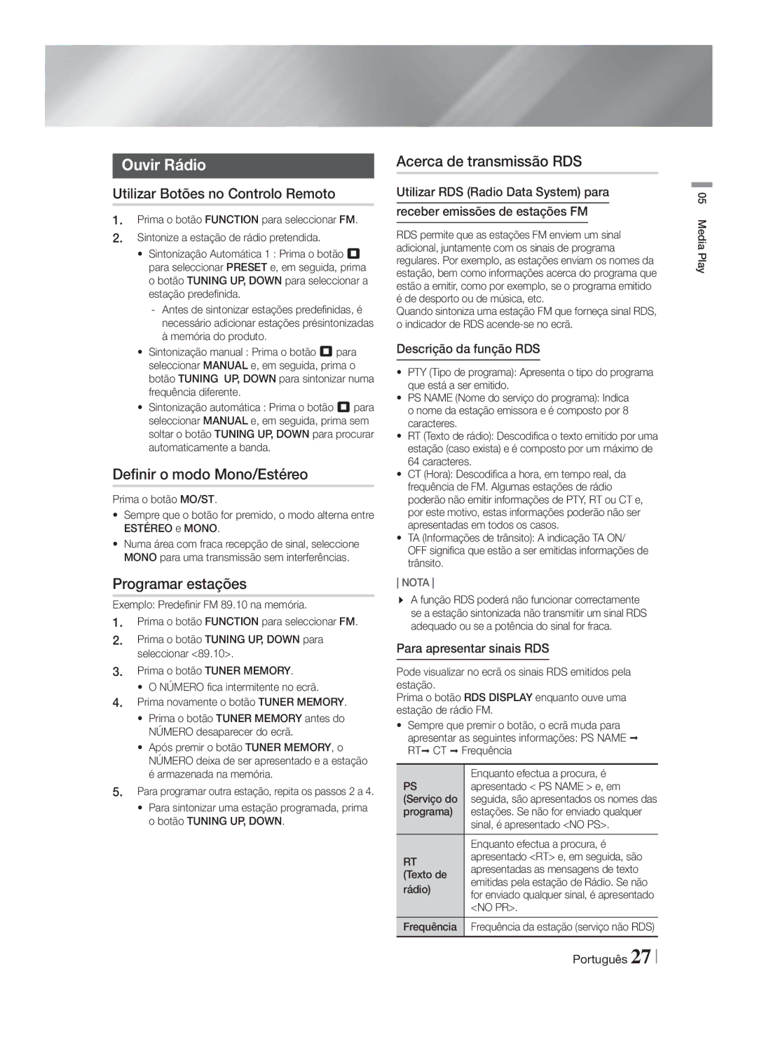 Samsung HT-F4200/ZF manual Ouvir Rádio, Definir o modo Mono/Estéreo, Programar estações, Acerca de transmissão RDS 