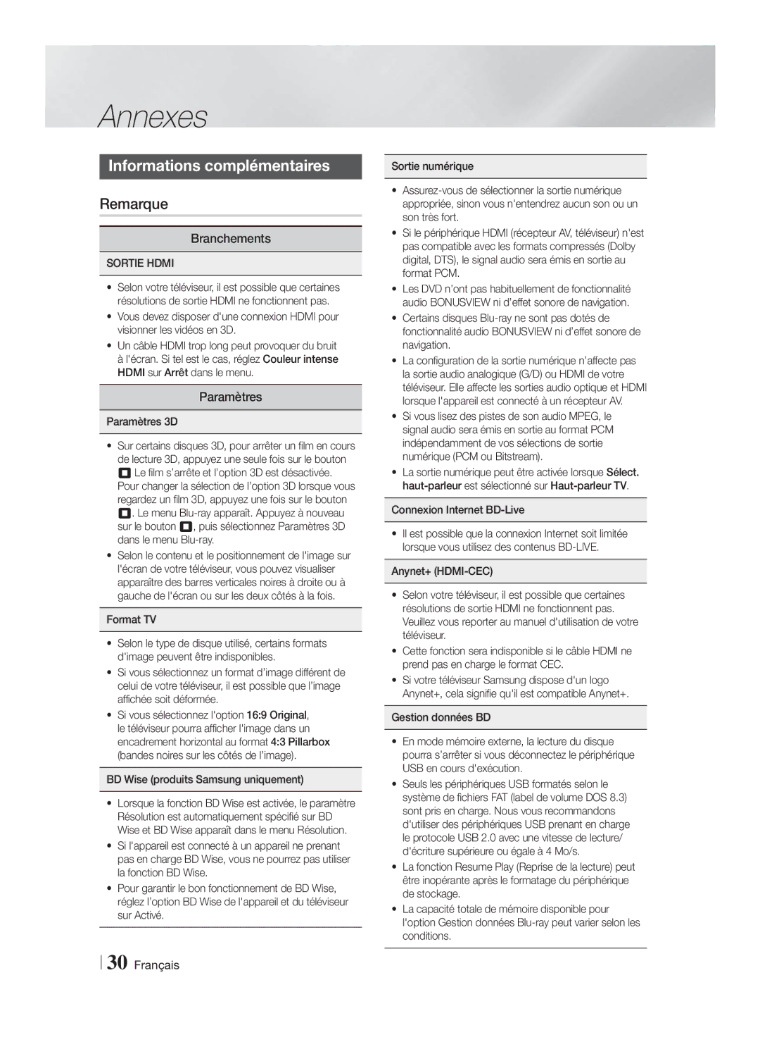 Samsung HT-F4200/ZF manual Annexes, Informations complémentaires, Remarque, Branchements, Paramètres 