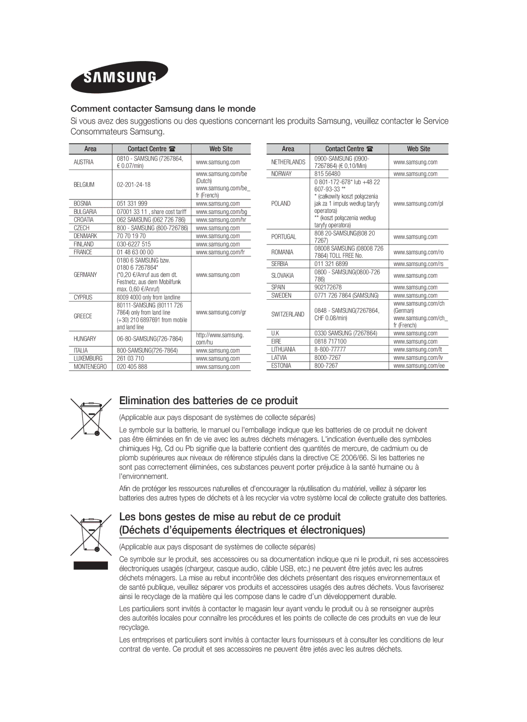 Samsung HT-F4200/ZF manual Elimination des batteries de ce produit, Area Contact Centre  Web Site 