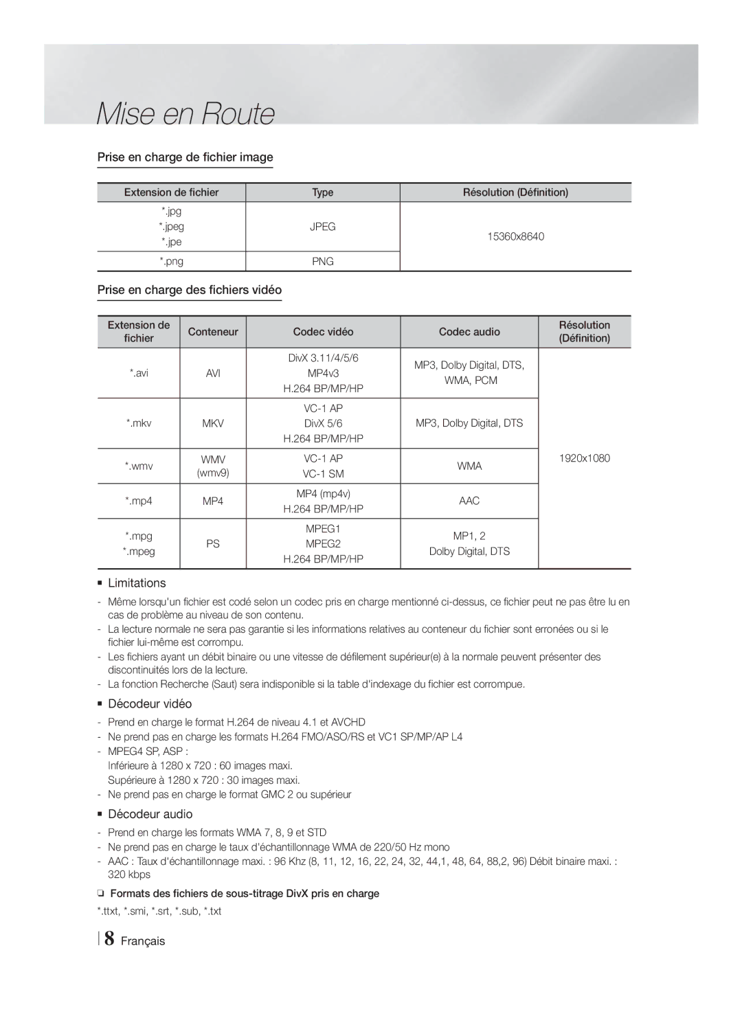 Samsung HT-F4200/ZF manual Prise en charge de fichier image,  Limitations,  Décodeur vidéo,  Décodeur audio 