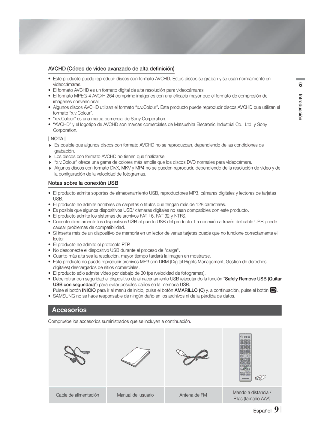 Samsung HT-F4200/ZF manual Accesorios, Avchd Códec de vídeo avanzado de alta definición, Notas sobre la conexión USB 