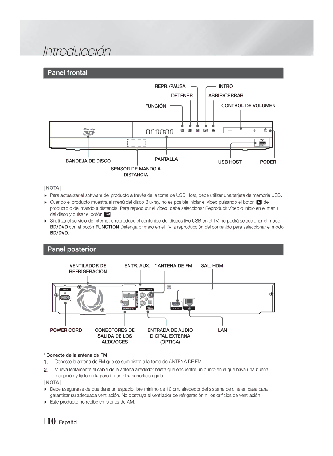 Samsung HT-F4200/ZF manual Panel frontal, Panel posterior 