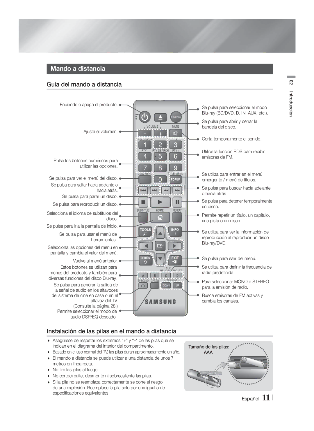 Samsung HT-F4200/ZF Mando a distancia, Guía del mando a distancia, Instalación de las pilas en el mando a distancia, Aaa 