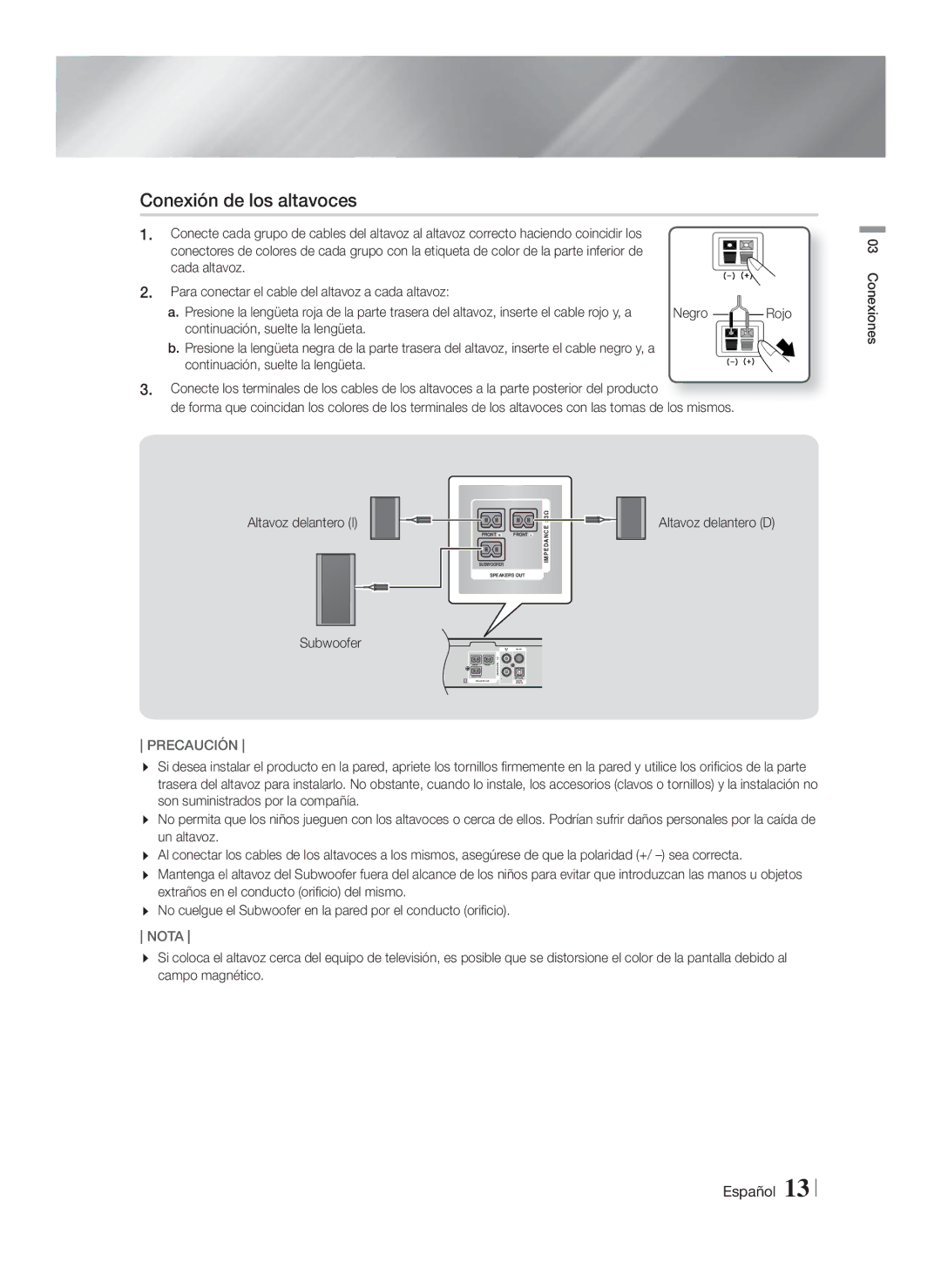 Samsung HT-F4200/ZF manual Conexión de los altavoces, Negro, Continuación, suelte la lengüeta 