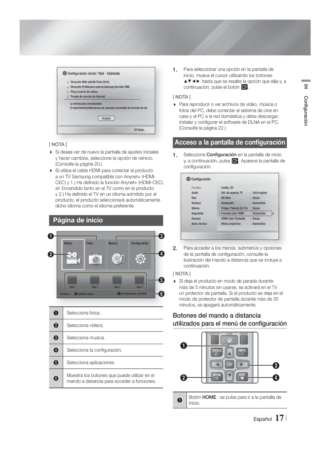 Samsung HT-F4200/ZF manual Página de inicio, Acceso a la pantalla de configuración 