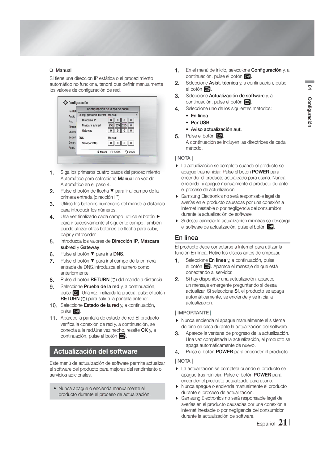 Samsung HT-F4200/ZF manual Actualización del software, En línea, Seleccione Estado de la red y, a continuación, pulse E 