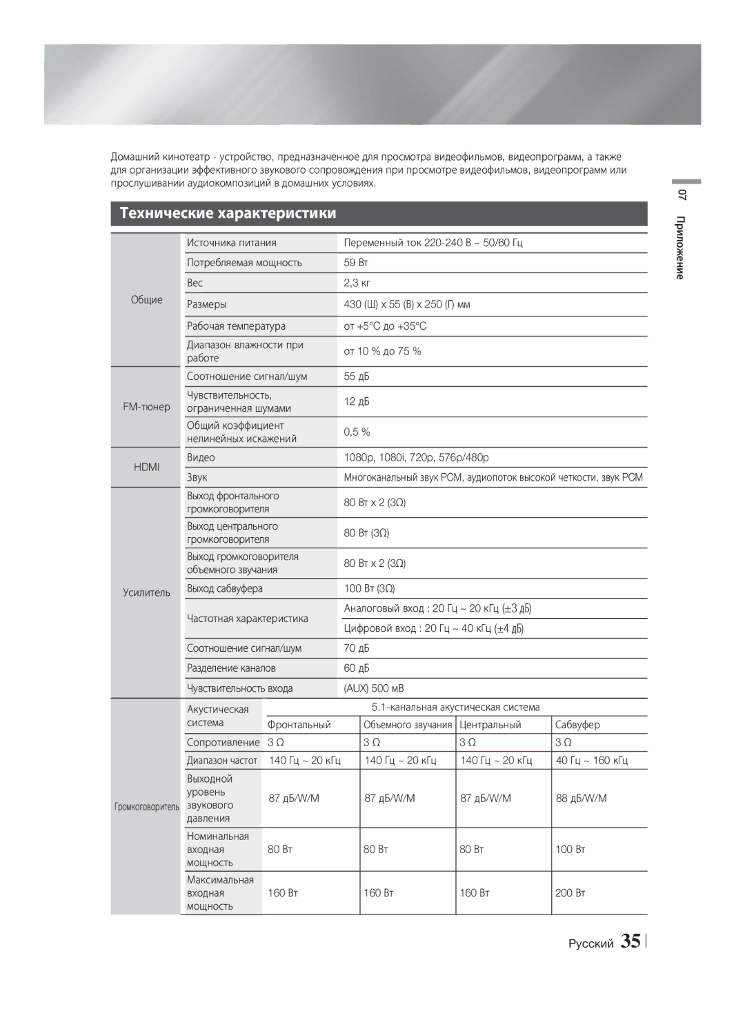 Samsung HT-F4550/RU, HT-F4500/RU manual Технические характеристики 