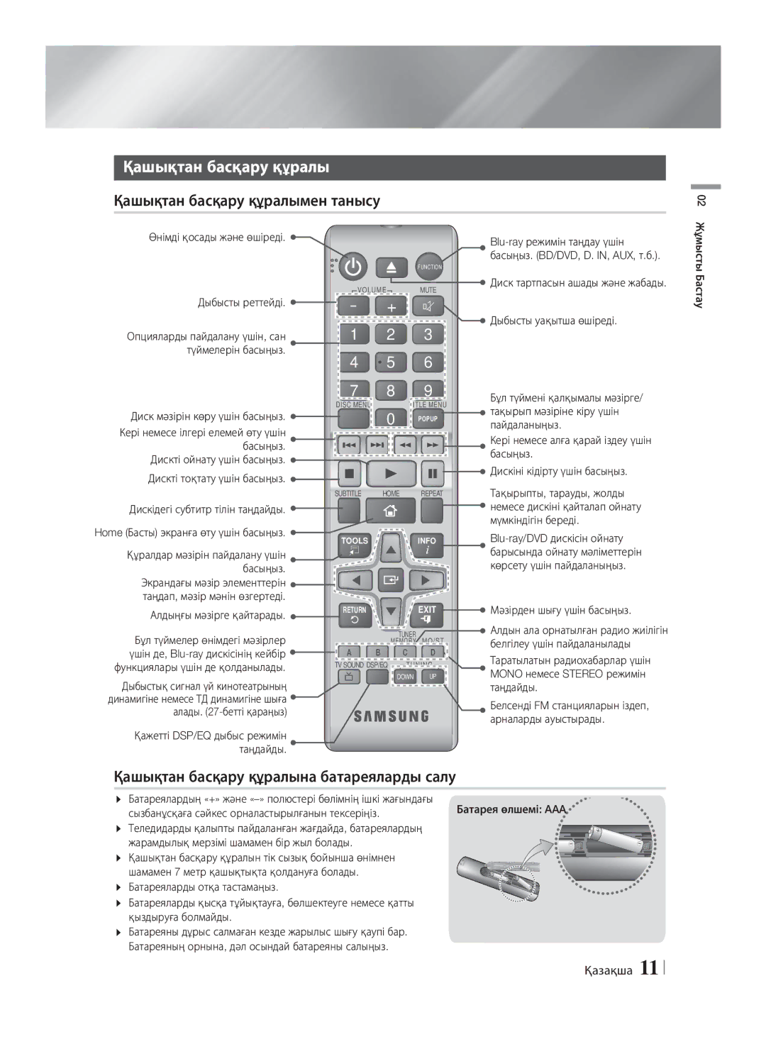 Samsung HT-F4500/RU, HT-F4550/RU manual Қашықтан басқару құралымен танысу, Қашықтан басқару құралына батареяларды салу 