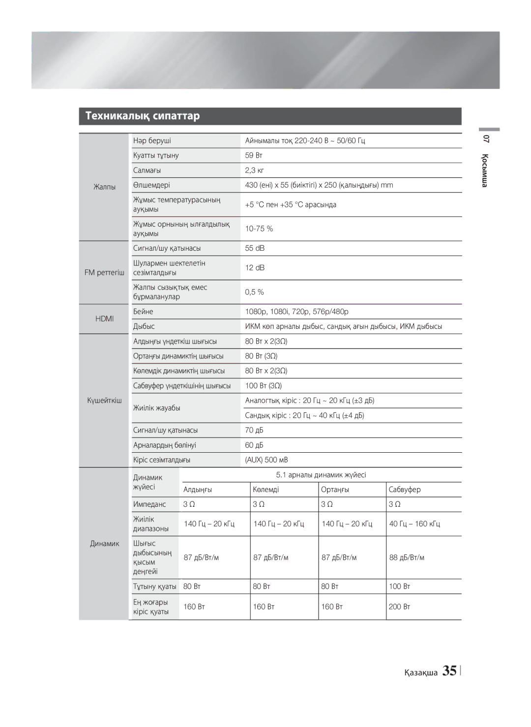 Samsung HT-F4500/RU, HT-F4550/RU manual Техникалық сипаттар 