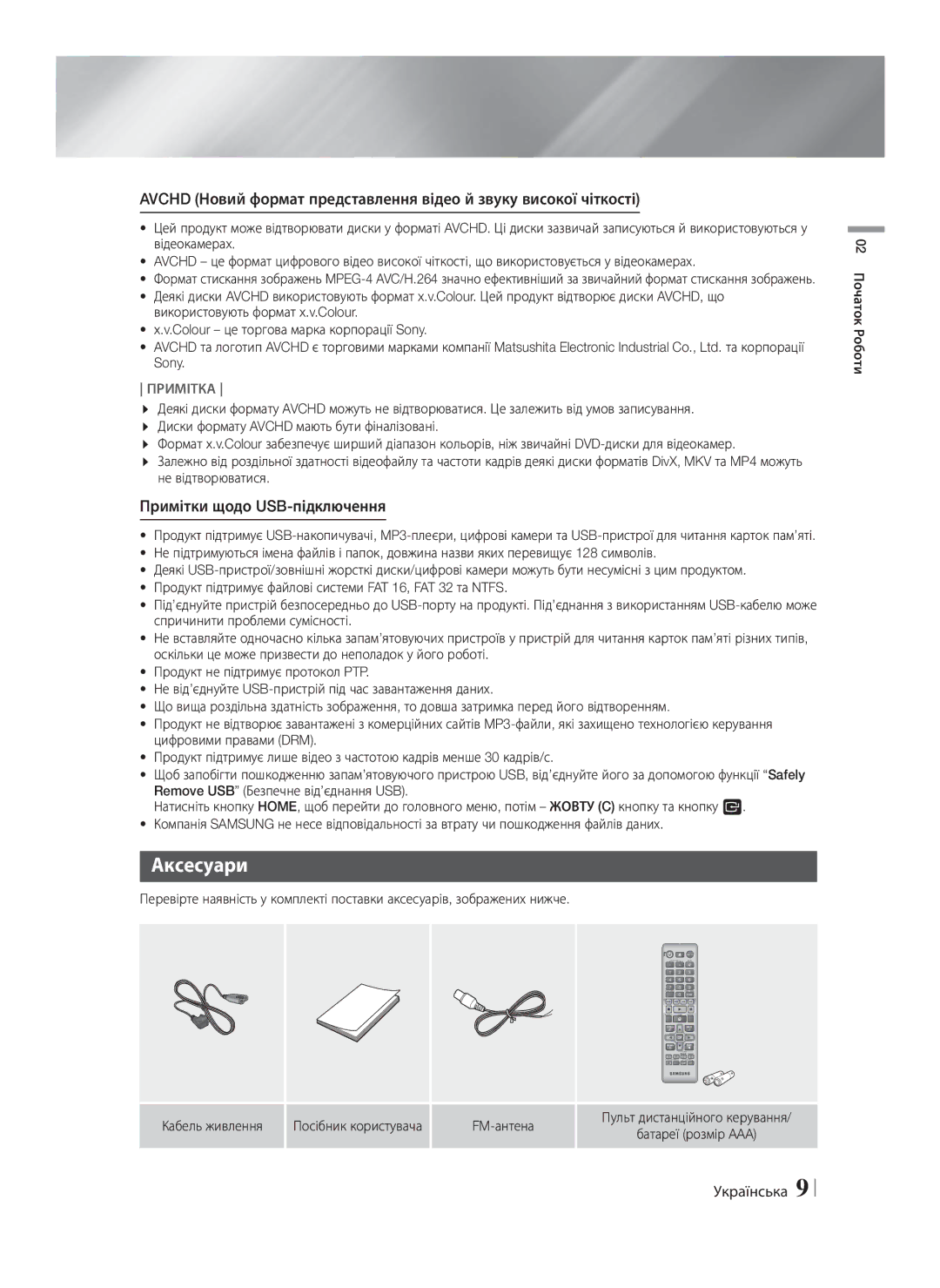 Samsung HT-F4550/RU, HT-F4500/RU Аксесуари, Примітки щодо USB-підключення, Кабель живлення Посібник користувача FM-антена 