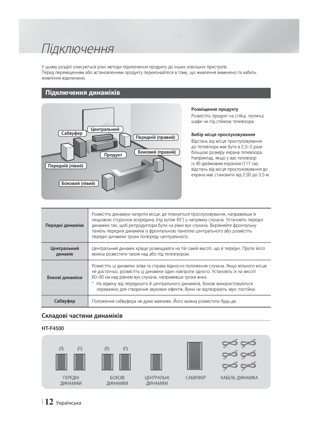 Samsung HT-F4500/RU, HT-F4550/RU manual Підключення динаміків, Складові частини динаміків, 12 Українська 