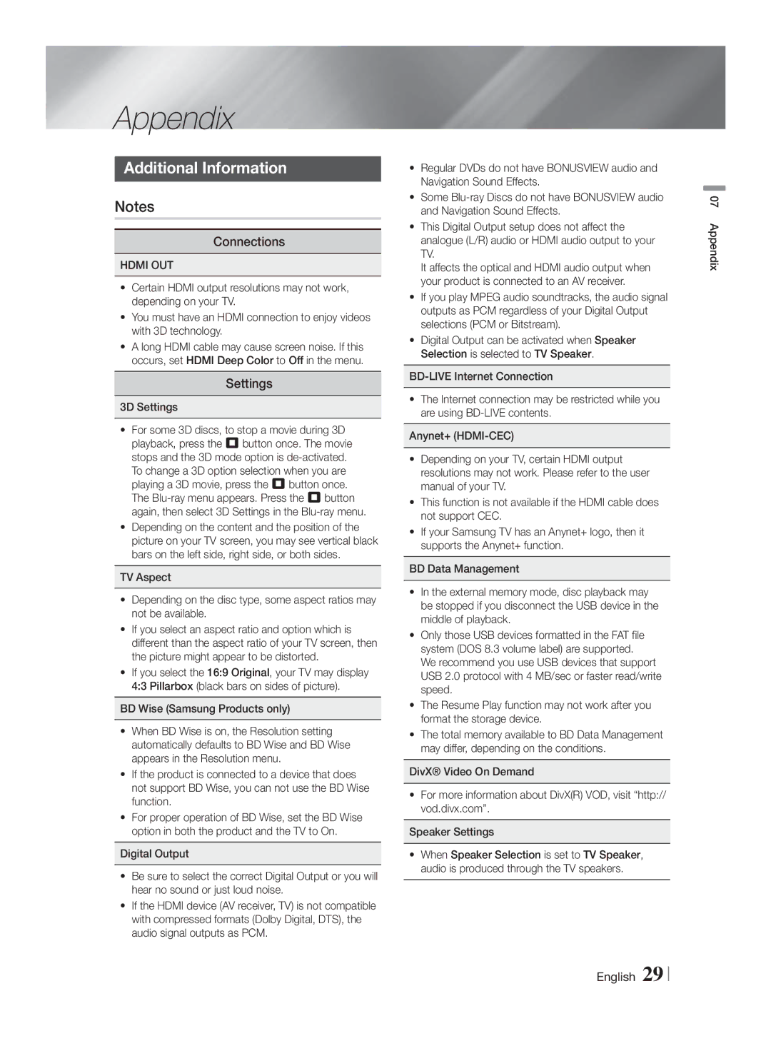 Samsung HT-F4500/SQ manual Appendix, Additional Information, Connections, Settings, Hdmi OUT 