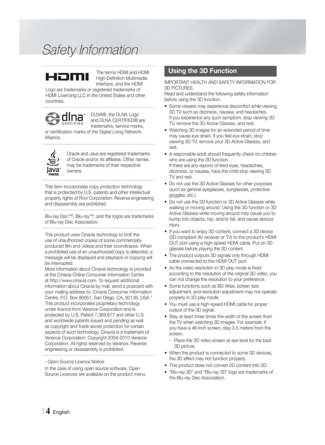 Samsung HT-F4500/SQ manual Using the 3D Function, Open Source Licence Notice 