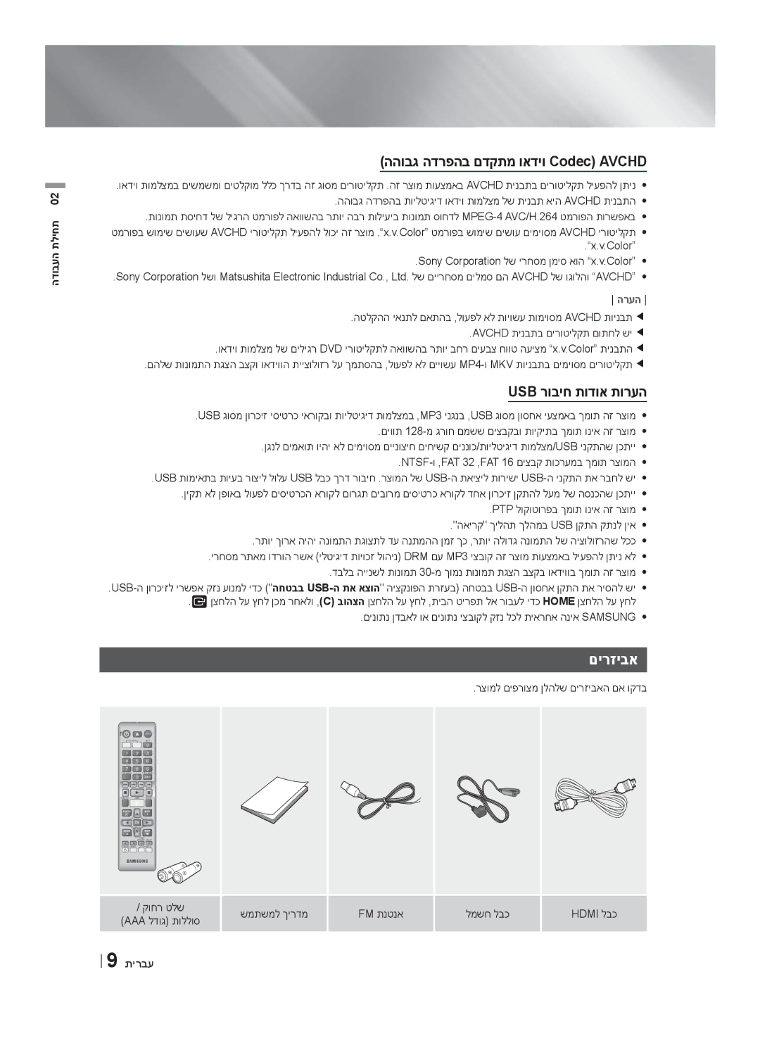 Samsung HT-F4500/SQ manual םירזיבא, ההובג הדרפהב םדקתמ ואדיו Codec Avchd, Usb רוביח תודוא תורעה 