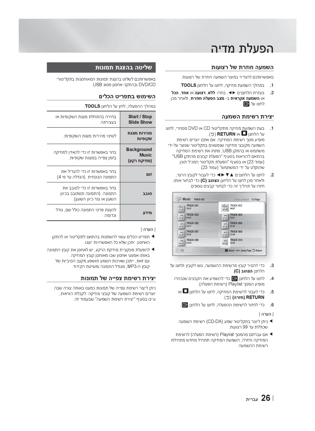 Samsung HT-F4500/SQ manual תונומת תגצהב הטילש, םילכה טירפתב שומישה, תועוצר לש תרזוח העמשה, העמשה תמישר תריצי 