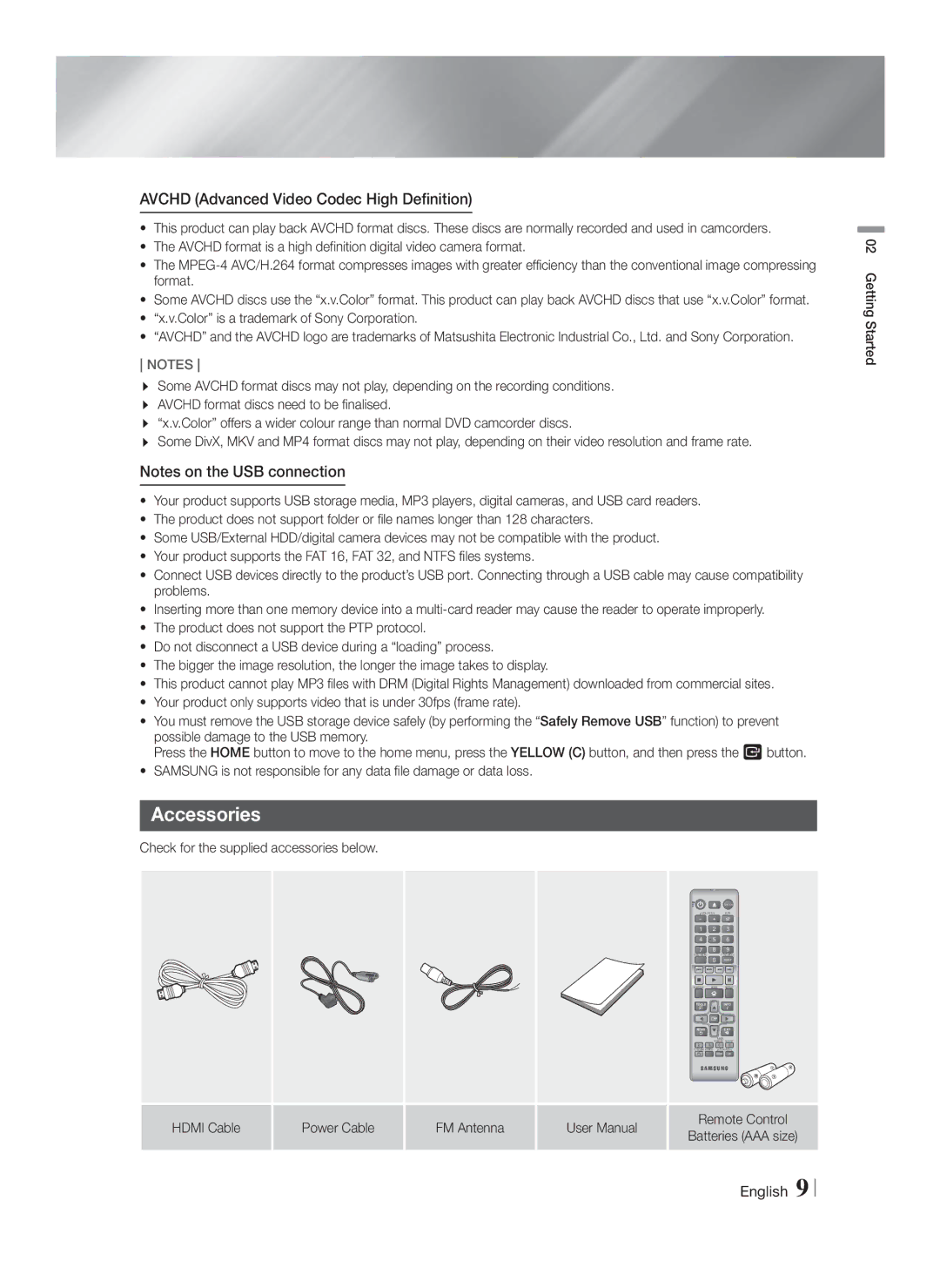 Samsung HT-F4500/SQ Accessories, Avchd Advanced Video Codec High Definition, Check for the supplied accessories below 