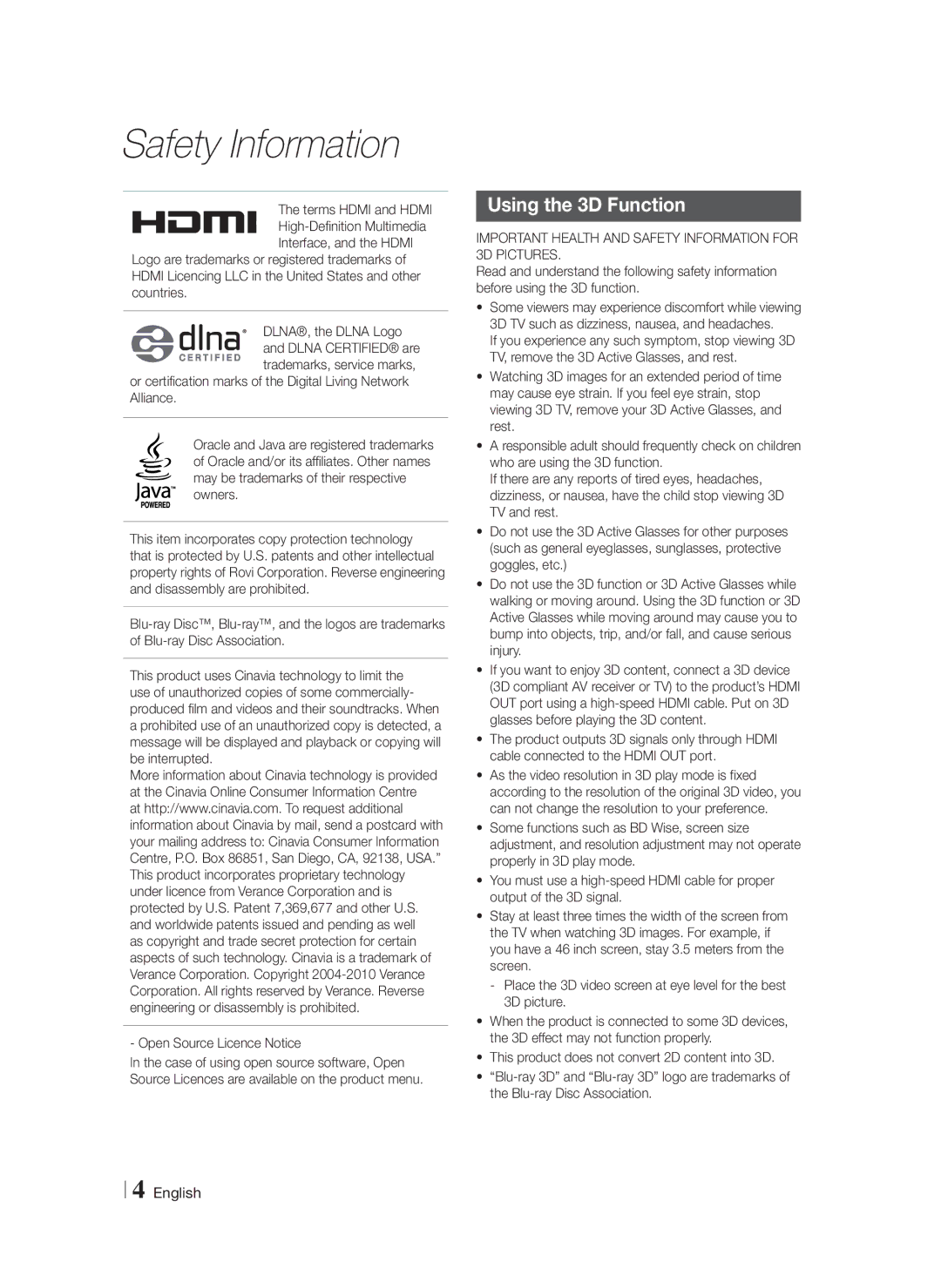 Samsung HT-F4500/ZF, HT-F4500/TK, HT-F4550/TK, HT-F4550/EN, HT-F4500/EN Using the 3D Function, Open Source Licence Notice 