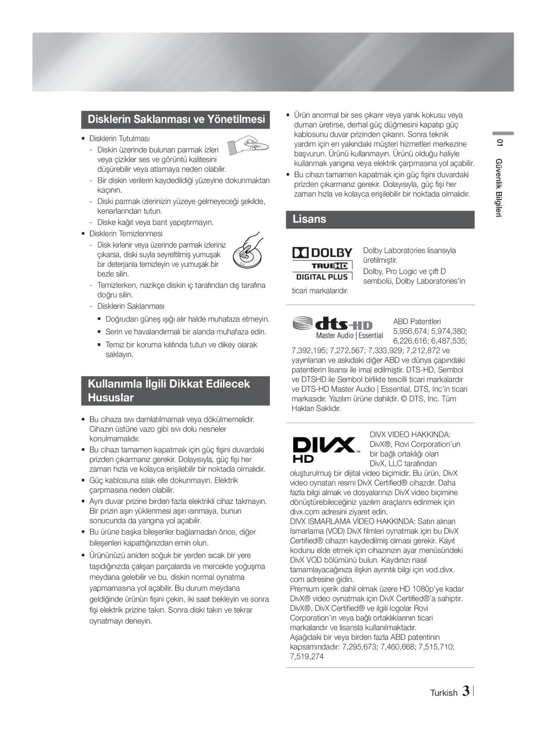 Samsung HT-F4500/TK, HT-F4550/TK Disklerin Saklanması ve Yönetilmesi, Kullanımla İlgili Dikkat Edilecek Hususlar, Lisans 