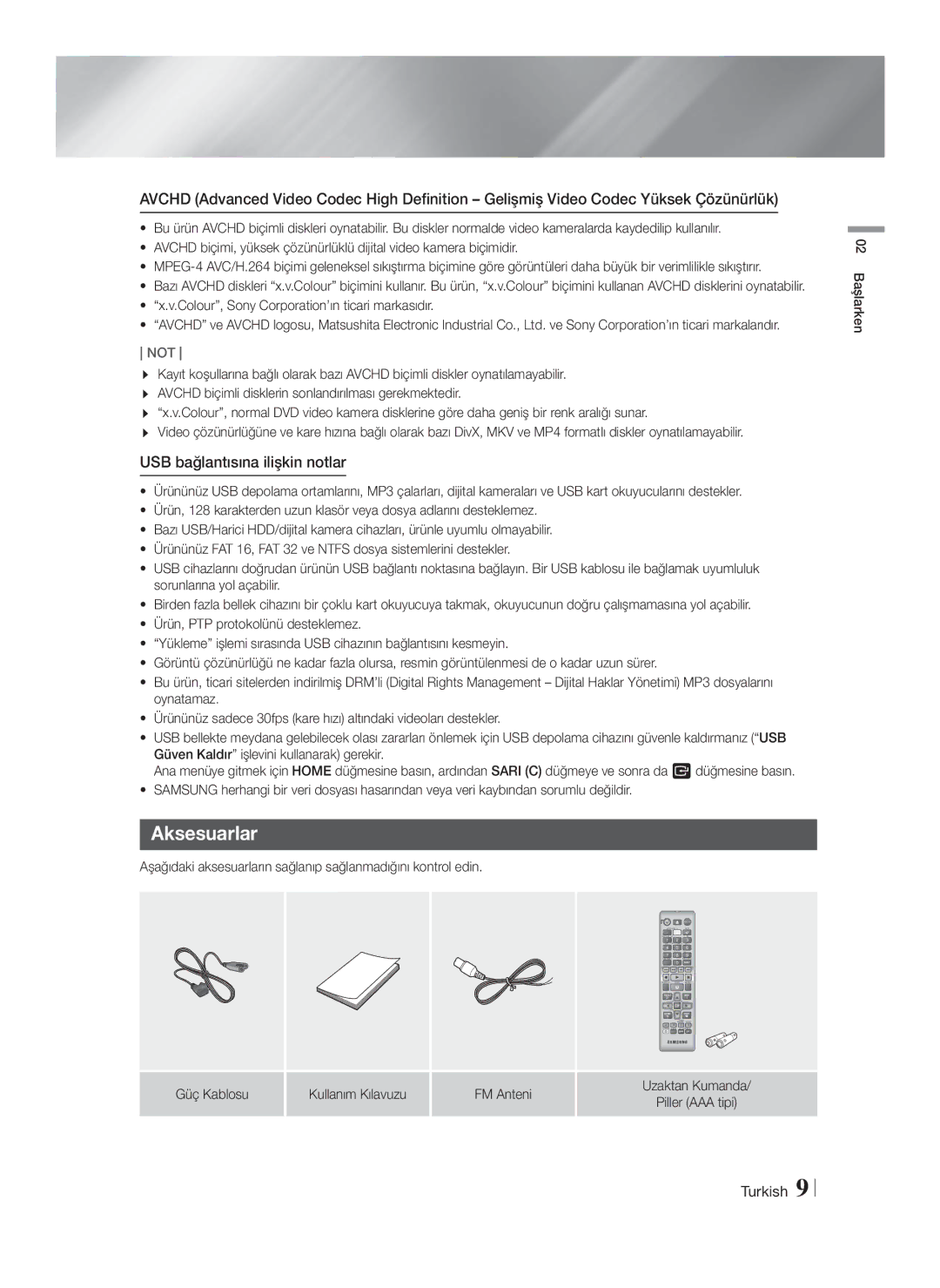 Samsung HT-F4550/TK manual Aksesuarlar, USB bağlantısına ilişkin notlar, Colour, Sony Corporation’ın ticari markasıdır 