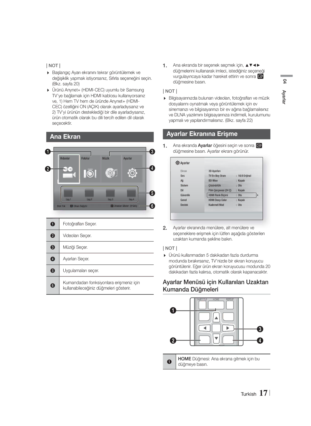 Samsung HT-F4500/ZF, HT-F4500/TK, HT-F4550/TK manual Ana Ekran, Ayarlar Menüsü için Kullanılan Uzaktan Kumanda Düğmeleri 