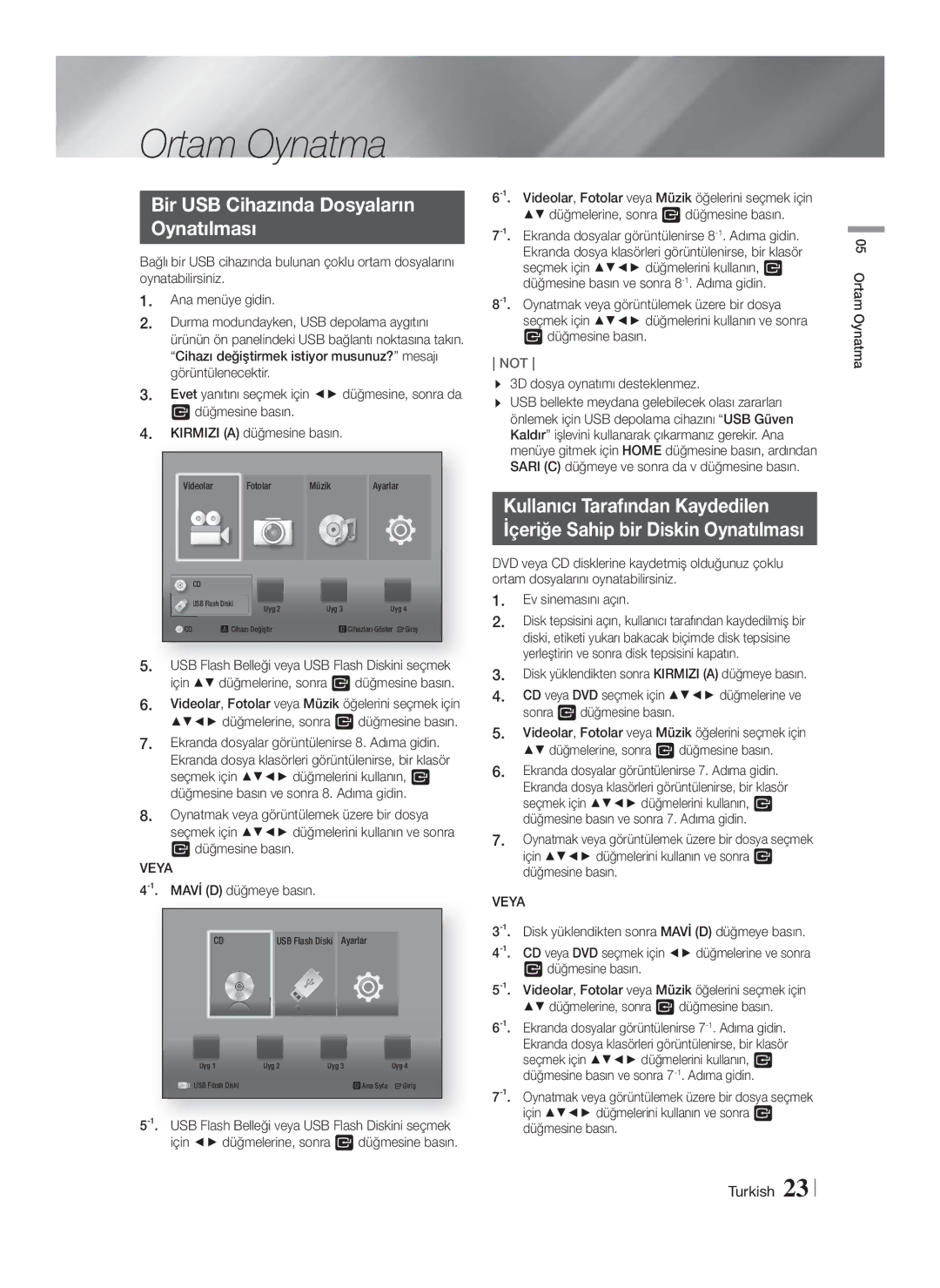 Samsung HT-F4500/TK, HT-F4550/TK manual Ortam Oynatma, Bir USB Cihazında Dosyaların Oynatılması, Veya, Mavİ D düğmeye basın 