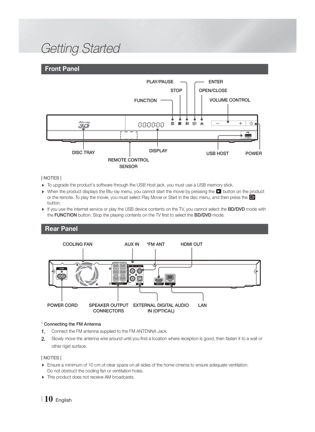 Samsung HT-F4550/TK, HT-F4500/TK, HT-F4550/EN, HT-F4500/EN, HT-F4550/ZF, HT-F4500/ZF, HT-F4550/SJ manual Front Panel, Rear Panel 