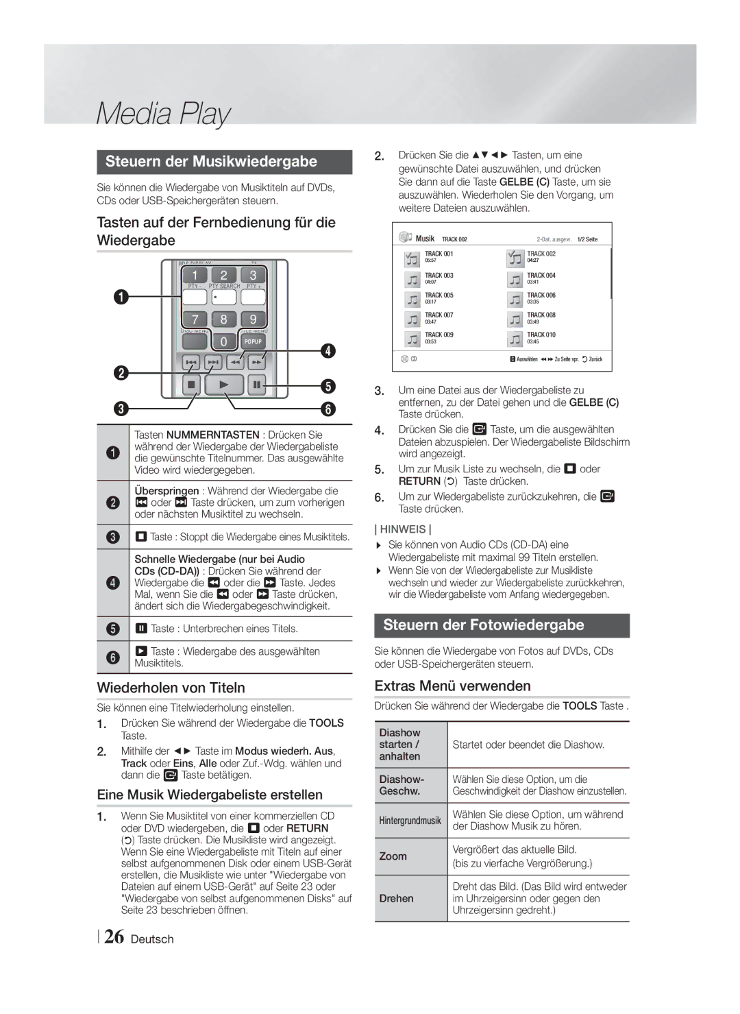 Samsung HT-F4500/EN Steuern der Musikwiedergabe, Tasten auf der Fernbedienung für die Wiedergabe, Wiederholen von Titeln 