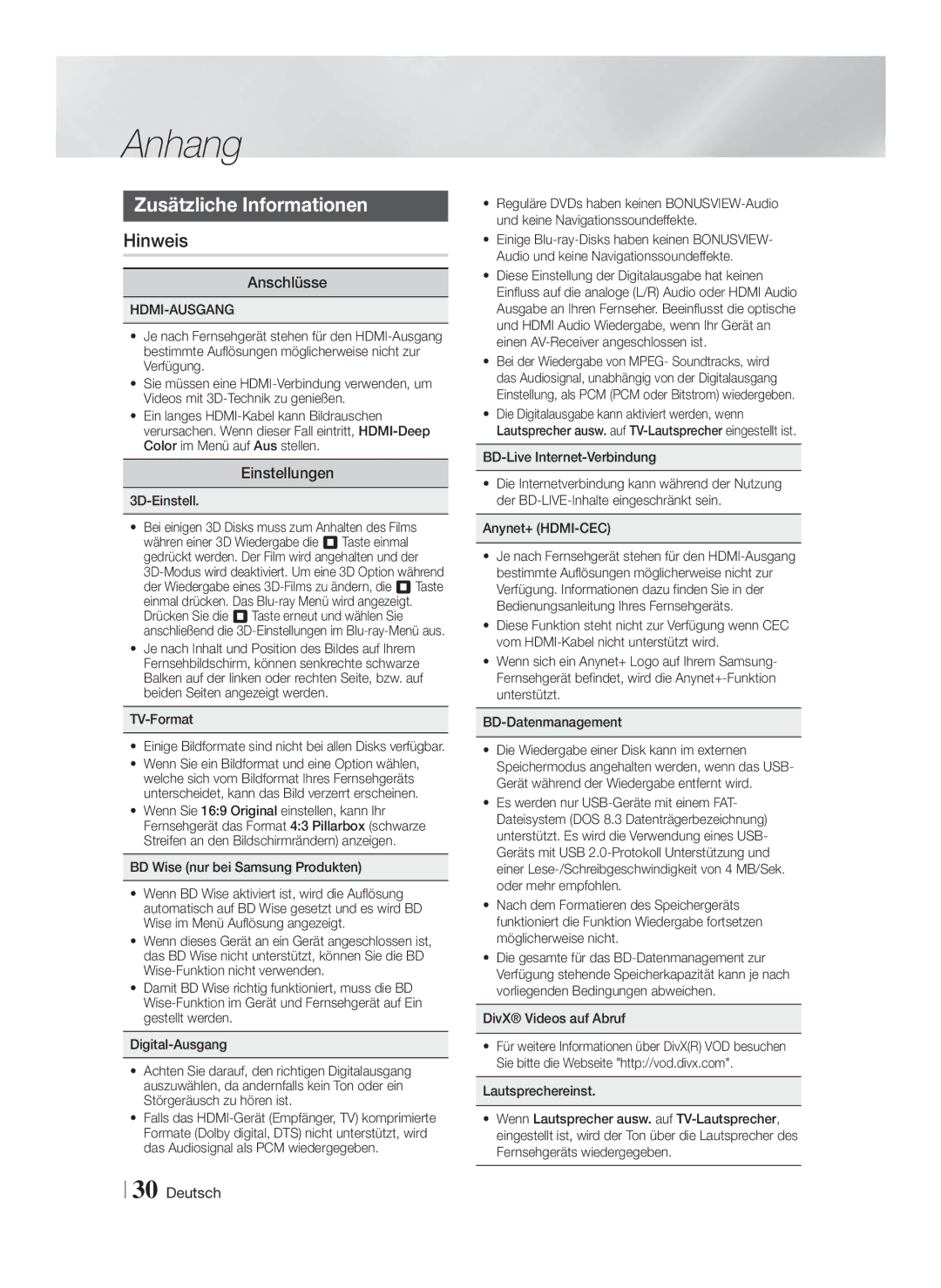 Samsung HT-F4550/XE, HT-F4500/TK, HT-F4550/TK manual Anhang, Zusätzliche Informationen, Hinweis, Anschlüsse, Einstellungen 