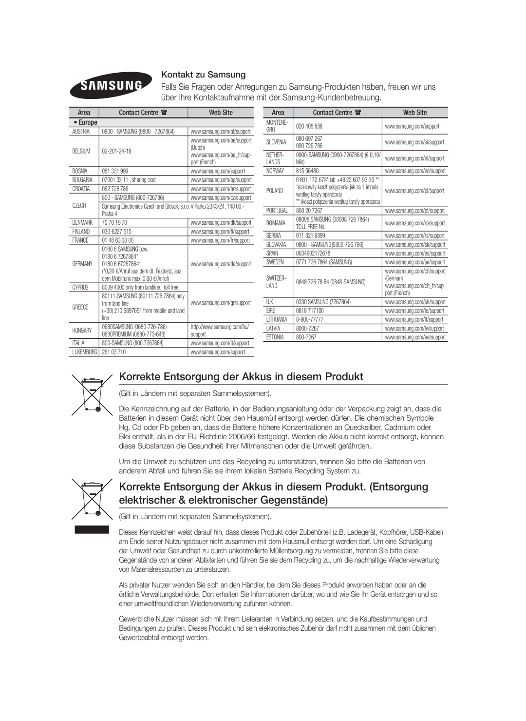 Samsung HT-F4550/SJ, HT-F4500/TK, HT-F4550/TK manual Korrekte Entsorgung der Akkus in diesem Produkt, Kontakt zu Samsung 